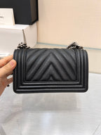 CHANEL BOY BAG SMALL 20 BLACK CHEVRON CAVIAR RUTHENIUM HARDWARE