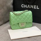 CHANEL MINI SQUARE FLAP BAG 17CM LIGHT GREEN LAMBSKIN SILVER HARDWARE