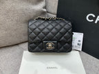 CHANEL MINI SQUARE FLAP BAG 17CM BLACK CAVIAR SILVER HARDWARE