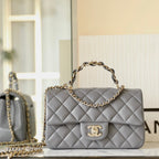 CHANEL MINI RECTANGLE FLAP BAG TOP HANDLE 20CM GREY LAMBSKIN SILVER HARDWARE