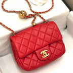 CHANEL MINI SQUARE CLASSIC FLAP BAG 17CM RED LAMBSKIN GOLD HARDWARE