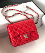 CHANEL MINI SQUARE FLAP BAG 17CM RED LAMBSKIN SILVER HARDWARE