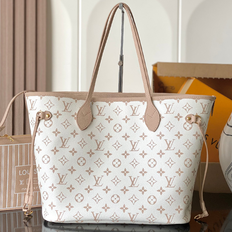 LV Neverfull Inside Out MM 12.2 in Beige Monogram with Brown Trim