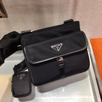 PRADA TRIANGLE LOGO CROSSBODY BAG 25 IN BLACK RE-NYLON AND SAFFIANO LEATHER TRIM