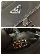 PRADA TRIANGLE LOGO CROSSBODY BAG 25 IN BLACK RE-NYLON AND SAFFIANO LEATHER TRIM