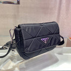 PRADA SMALL FLAP BAG 21 IN BLACK TRIANGULAR QUILTED PATTERN RE-NYLON