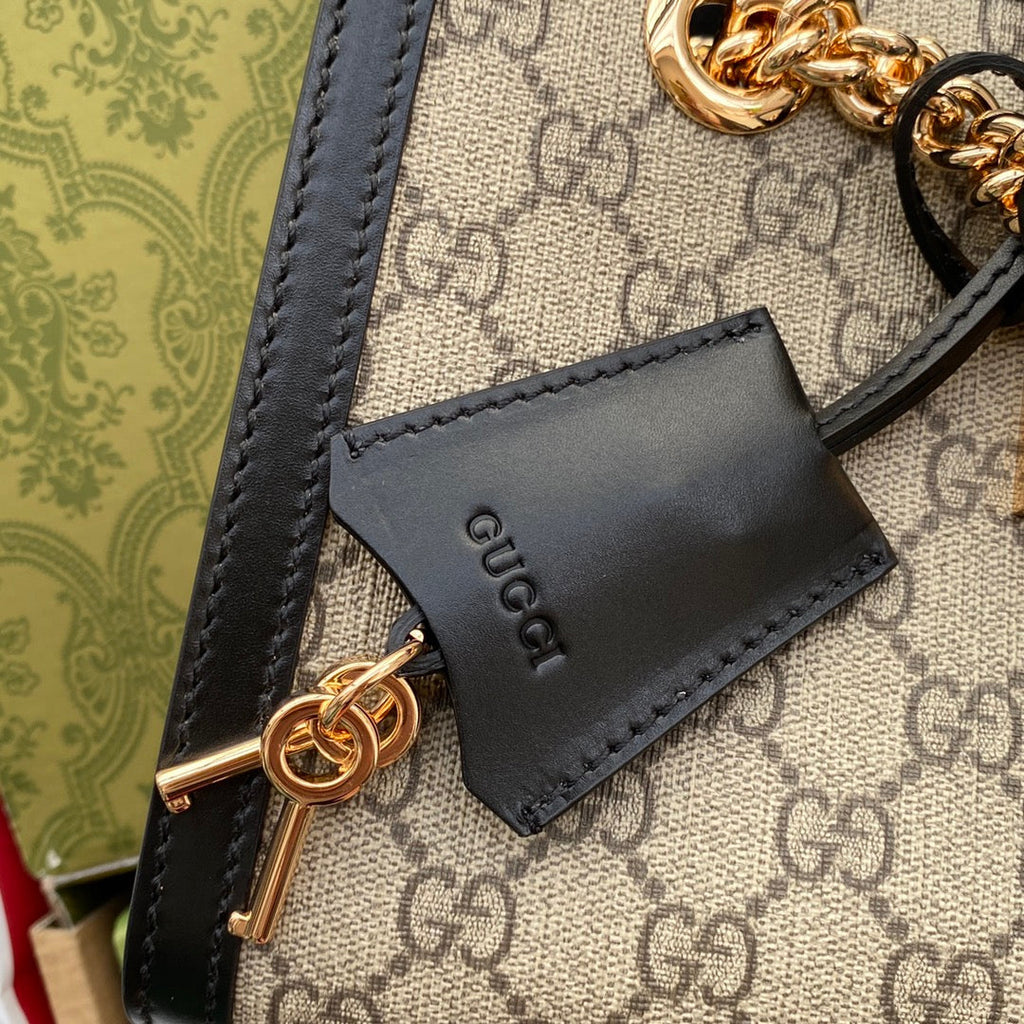 GG PADLOCK MEDIUM 26 SHOULDER BAG BEIGE CANVAS AND BLACK CALFSKIN
