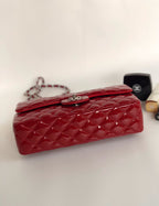 CHANEL FLAP BAG MEDIUM 25CM RED PATENT CALFSKIN SILVER HARDWARE