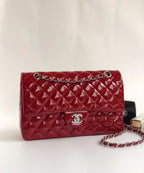 CHANEL FLAP BAG MEDIUM 25CM RED PATENT CALFSKIN SILVER HARDWARE