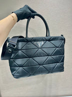 PRADA TRIANGLE PATTERN TOTE BAG 33 IN BLACK QUILTED RE-NYLON