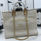 CHANEL DEAUVILLE LARGE 38 TOTE BAG IN BEIGE CANVAS GOLD HARDWARE
