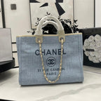 CHANEL DEAUVILLE LARGE 38 TOTE BAG IN LIGHT BLUE CANVAS WITH BLACK LOGO