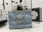 CHANEL DEAUVILLE LARGE 38 TOTE BAG IN LIGHT BLUE CANVAS WITH BLACK LOGO