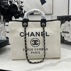 CHANEL DEAUVILLE LARGE 38 TOTE BAG IN WHITE CANVAS WITH BLACK LOGO