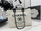 CHANEL DEAUVILLE LARGE 38 TOTE BAG IN WHITE CANVAS WITH BLACK LOGO