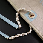 CHANEL DEAUVILLE LARGE 39 TOTE BAG IN BEIGE CANVAS WITH LIGHT BLUE CHAIN