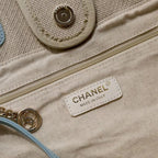 CHANEL DEAUVILLE LARGE 39 TOTE BAG IN BEIGE CANVAS WITH LIGHT BLUE CHAIN
