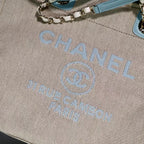 CHANEL DEAUVILLE LARGE 39 TOTE BAG IN BEIGE CANVAS WITH LIGHT BLUE CHAIN