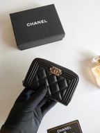 CHANEL BOY ZIP COIN PURSE 11.5 BLACK GRAINED CALFSKIN ICON