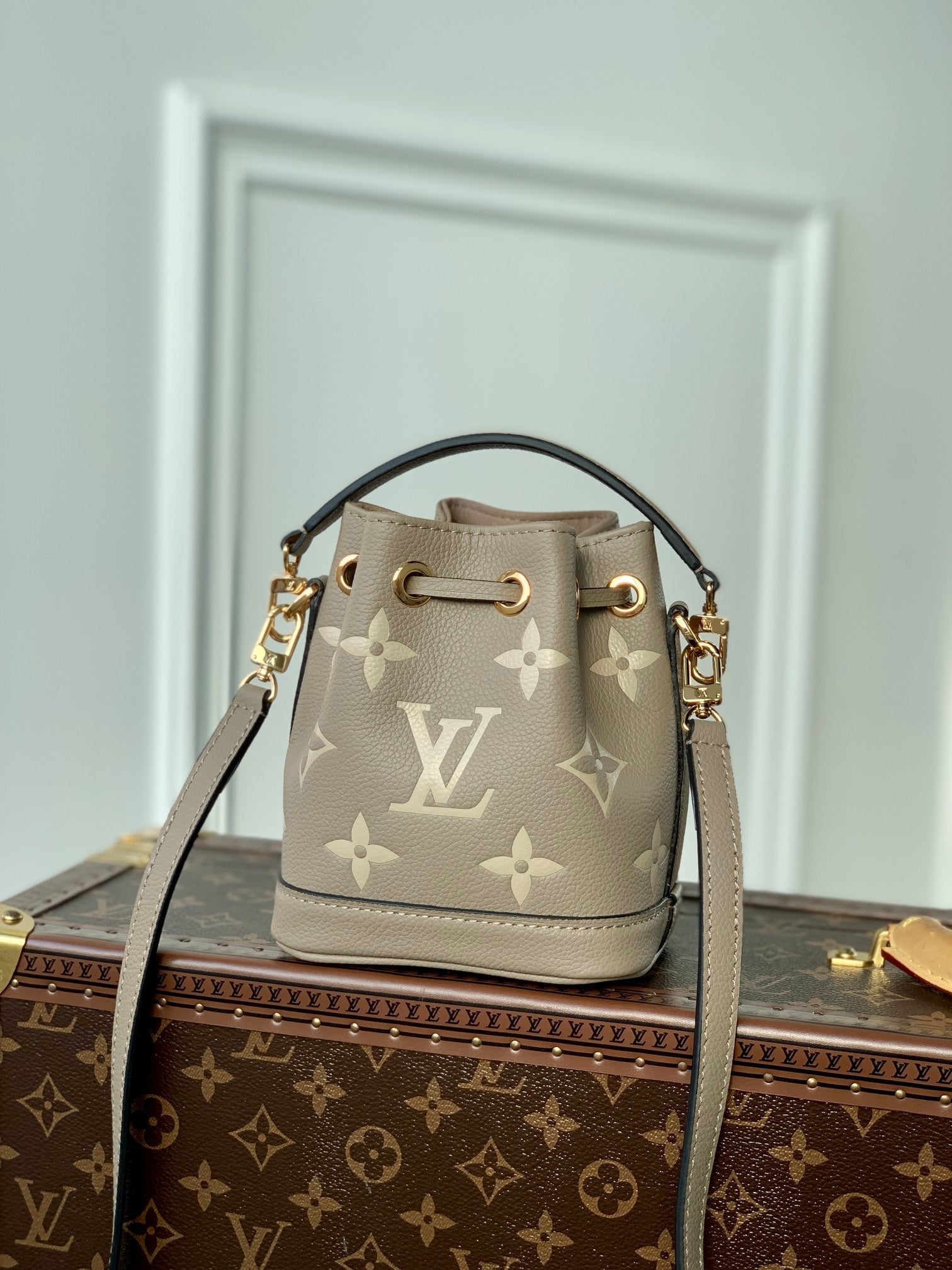 NANO NOÉ 16 IN GREY TOURTERELLE BICOLOR MONOGRAM EMPREINTE CALFSKIN
