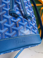 PETIT FLOT BUCKET BAG 22 IN SAPPHIRE BLUE GOYARDINE CANVAS AND LAMBSKIN TRIM