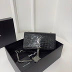 KATE TASSEL 20 BLACK CROCODILE PATTERN CALFSKIN WITH SILVER LOGO