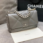 CHANEL 19 FLAP BAG 26 DARK GREY GOATSKIN SILVER HARDWARE