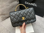 CHANEL SMALL FLAP BAG 24CM TOP HANDLE BLACK LAMBSKIN GOLD HARDWARE