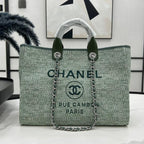 CHANEL DEAUVILLE LARGE 38 TOTE BAG IN LIGHT GREEN CANVAS