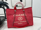CHANEL DEAUVILLE LARGE 38 TOTE BAG IN CHERRY RED CANVAS WITH WHITE LOGO