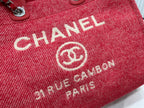 CHANEL DEAUVILLE LARGE 38 TOTE BAG IN CHERRY RED CANVAS WITH WHITE LOGO