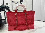 CHANEL DEAUVILLE LARGE 38 TOTE BAG IN CHERRY RED CANVAS WITH WHITE LOGO