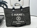 CHANEL DEAUVILLE LARGE 38 TOTE BAG IN BLACK CANVAS WITH WHITE LOGO