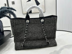 CHANEL DEAUVILLE LARGE 38 TOTE BAG IN BLACK CANVAS WITH WHITE LOGO