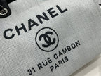 CHANEL DEAUVILLE LARGE 38 TOTE BAG IN LIGHT GREY CANVAS WITH BLACK LOGO