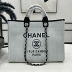CHANEL DEAUVILLE LARGE 38 TOTE BAG IN LIGHT GREY CANVAS WITH BLACK LOGO