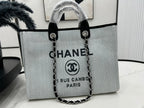 CHANEL DEAUVILLE LARGE 38 TOTE BAG IN LIGHT GREY CANVAS WITH BLACK LOGO