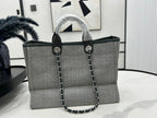 CHANEL DEAUVILLE LARGE 38 TOTE BAG IN GREY CANVAS WITH BLACK LOGO
