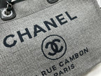 CHANEL DEAUVILLE LARGE 38 TOTE BAG IN GREY CANVAS WITH BLACK LOGO