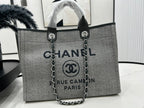 CHANEL DEAUVILLE LARGE 38 TOTE BAG IN GREY CANVAS WITH BLACK LOGO