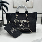 CHANEL DEAUVILLE LARGE 38 TOTE BAG IN DARK NAVY CANVAS WITH WHITE LOGO EMBROIDERED