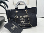 CHANEL DEAUVILLE LARGE 38 TOTE BAG IN DARK NAVY CANVAS WITH WHITE LOGO EMBROIDERED