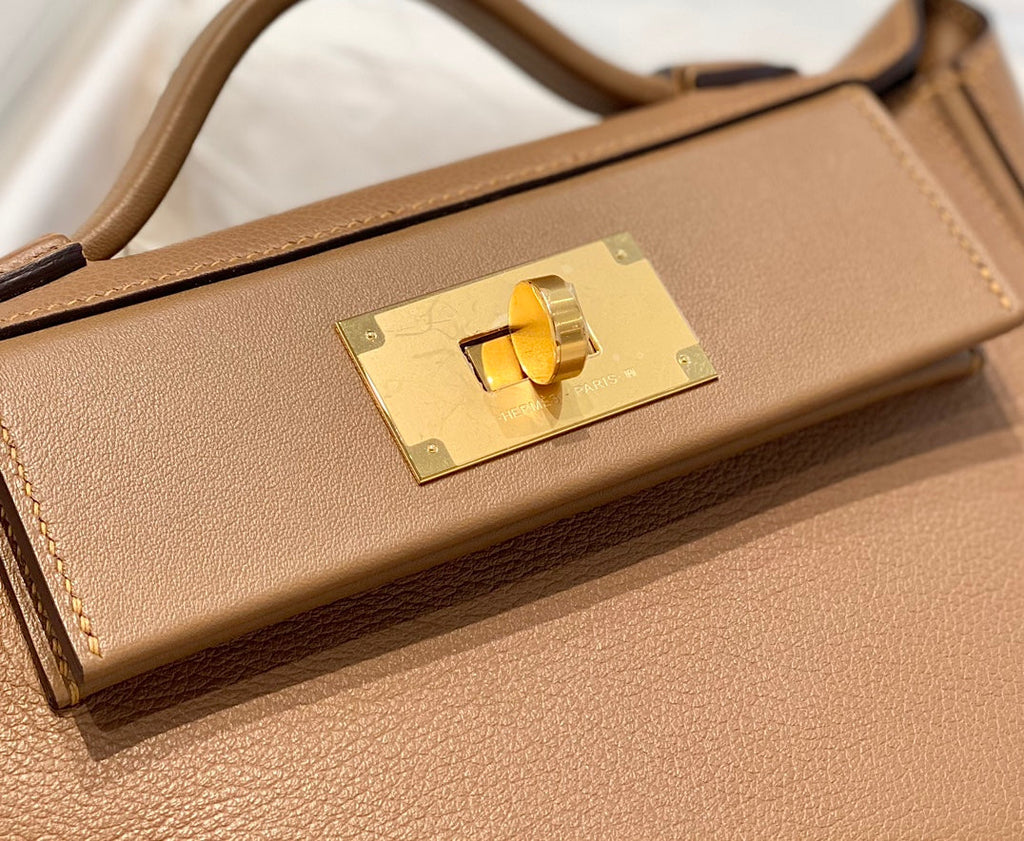 MINI 24/24 21CM IN BEIGE MARFA EVERCOLOR CALFSKIN GOLD KELLY BUCKLE
