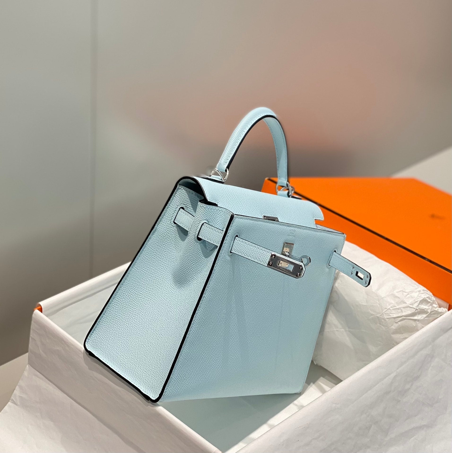 KELLY 25CM IN BLUE BRUME EPSOM CALFSKIN PALLADIUM HARDWARE