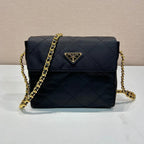 PRADA LARGE QUILTED FLAP BAG 23 IN BLACK RE-NYLON FABRIC GOLD CHAIN