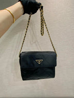 PRADA LARGE QUILTED FLAP BAG 23 IN BLACK RE-NYLON FABRIC GOLD CHAIN
