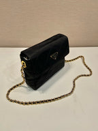 PRADA LARGE QUILTED FLAP BAG 23 IN BLACK RE-NYLON FABRIC GOLD CHAIN
