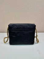 PRADA LARGE QUILTED FLAP BAG 23 IN BLACK RE-NYLON FABRIC GOLD CHAIN
