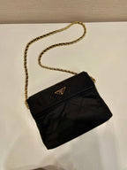 PRADA LARGE QUILTED FLAP BAG 23 IN BLACK RE-NYLON FABRIC GOLD CHAIN