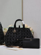 DIOR TOUJOURS BAG 37 IN BLACK MIX WHITE CANNAGE TWEED WITH GOLD HARDWARE
